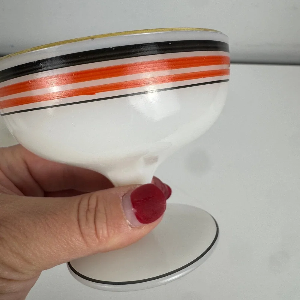 Vtg Platonite MCM Dessert Bowls Red Black Gold Striped Footed Sherbet Set of 2‎
